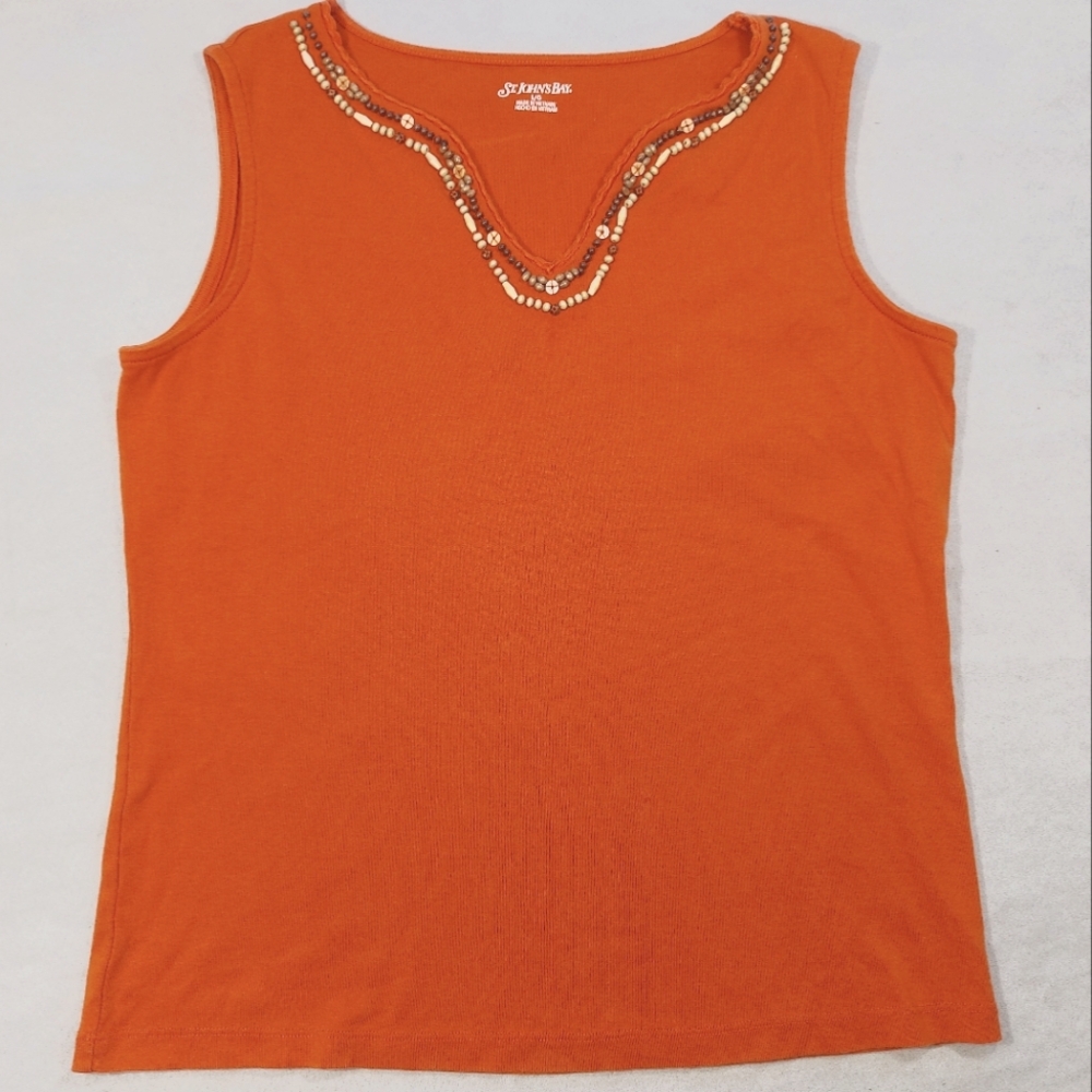 St. John's Bay Orange Knit Sleeveless Top Beaded Neckline, Large